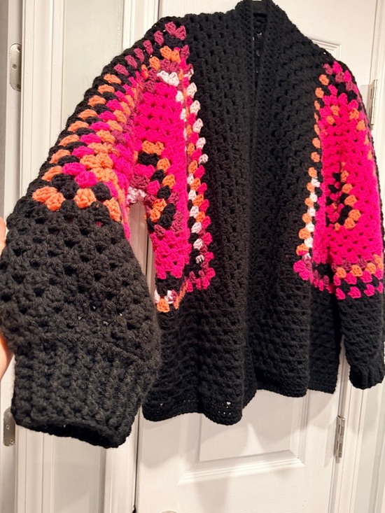 Handmade Crochet Granny Square One Size Cozy Cardigan Boho Chunky Knit Sweater - Picture 2 of 8